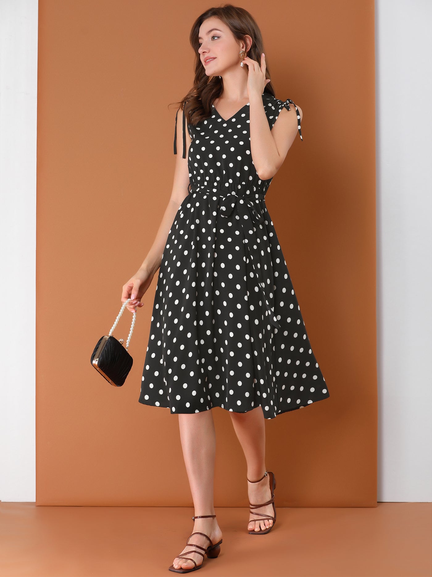 Allegra K Polka Dots 1950s Vintage V Neck A-Line Sleeveless Midi Dress