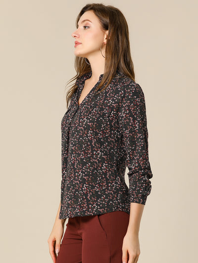 Elegant V-Neck Shirt Floral Faux Pocket Long Sleeve Blouse