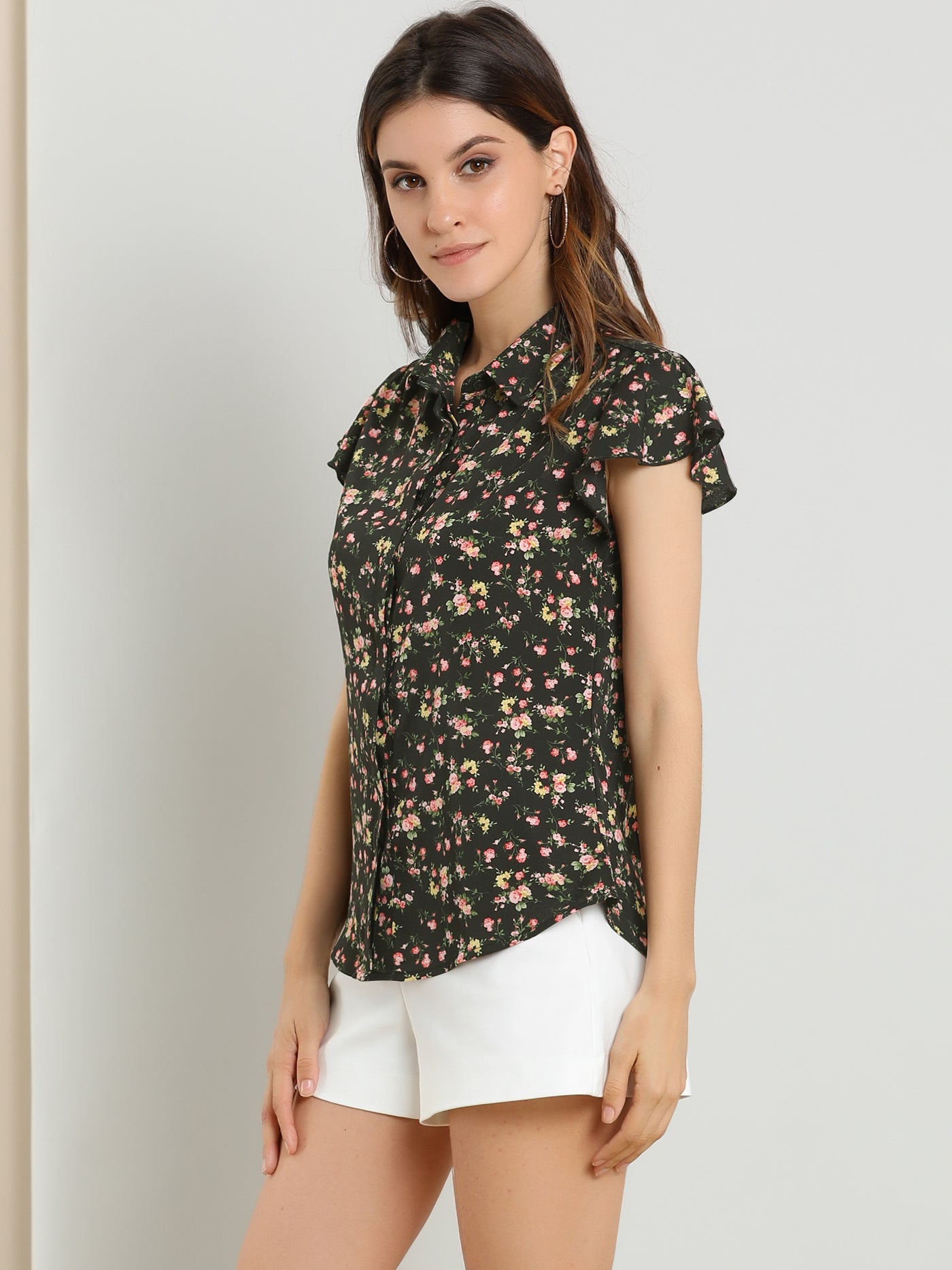 Allegra K Summer Floral Collared Flare Short Sleeve Button Down Blouse