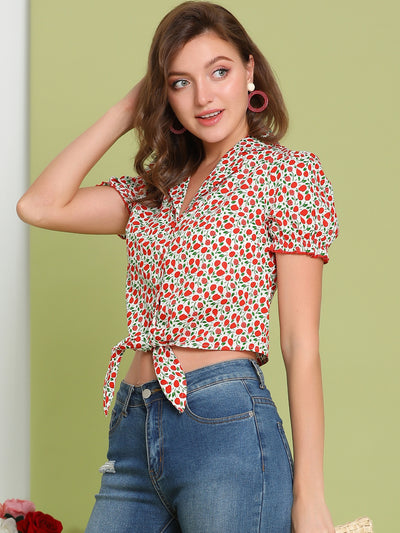 Allegra K Peasant Floral Button-Down Shirt Tie Front Knot Puff Sleeve Crop Top