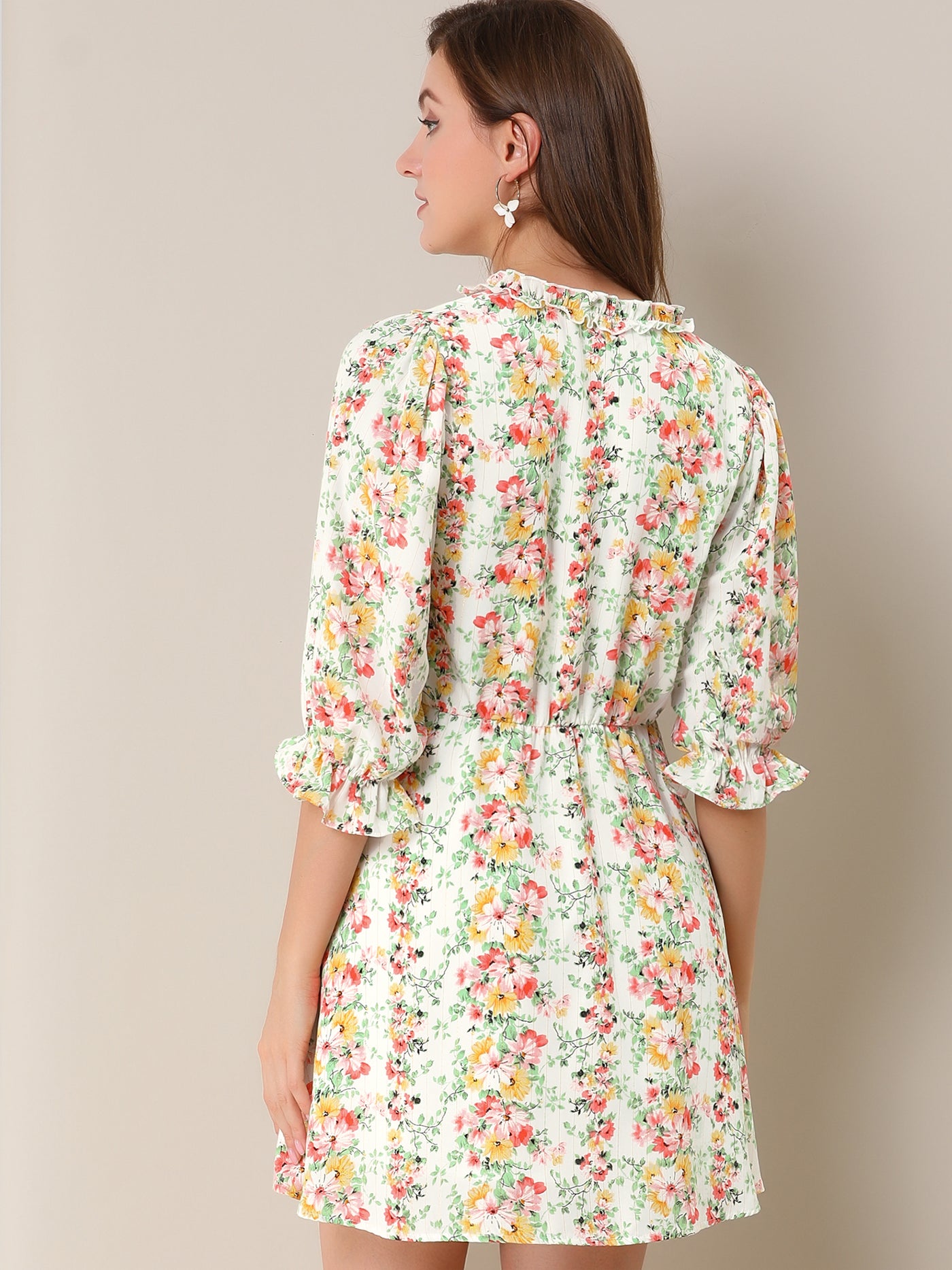 Allegra K Ruffle Elastic Waist Puff Sleeve A-Line Floral Print Flowy Dress