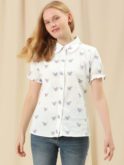 Floral Printed Peter Pan Collar Cotton Short Sleeve Shirt