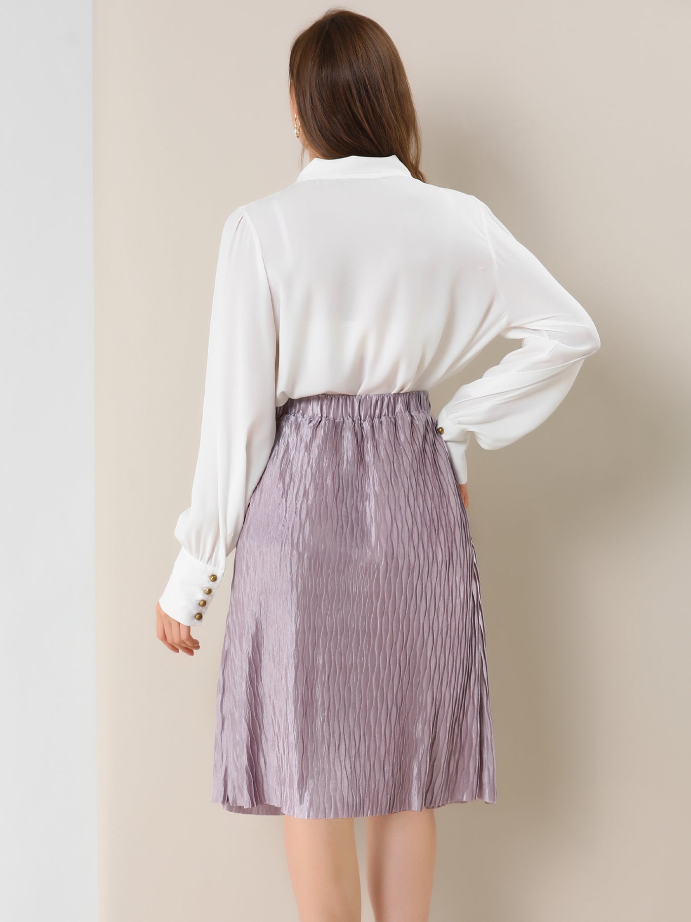 Allegra K Elastic Waist Flare Lavender Accordion Pleated Metallic Midi Skirt