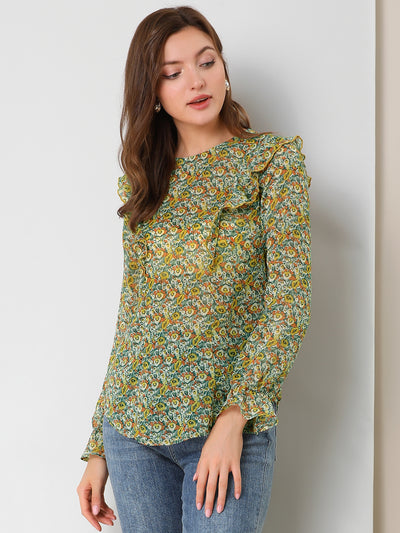 Floral Top Long Sleeve Round Neck Vintage Ruffle Blouse