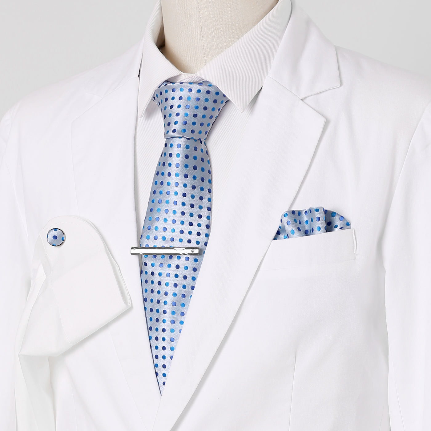 Allegra K Polka Dot Self-tied Handkerchief Clip Cufflinks Business Necktie Sets