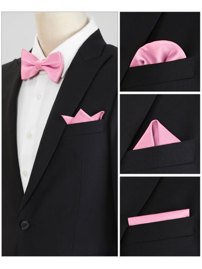 Solid Color Pre-Tied Bow Tie Wedding Party Pocket Square Set