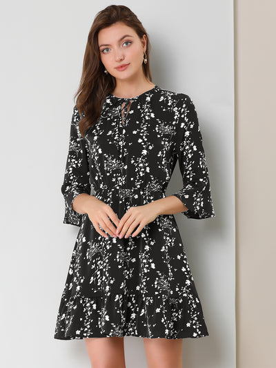 Floral Tie Keyhole Neck Bell Sleeve Ruffle Dress