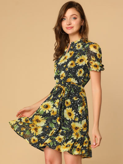 Summer Sunflower Floral Ruffle Short Sleeve Keyhole Belted Dress