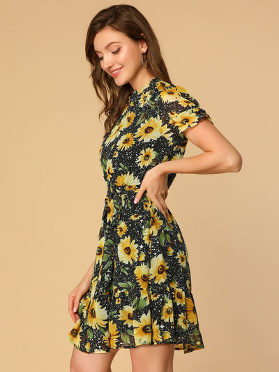 Summer Sunflower Floral Ruffle Short Sleeve Keyhole Belted Dress
