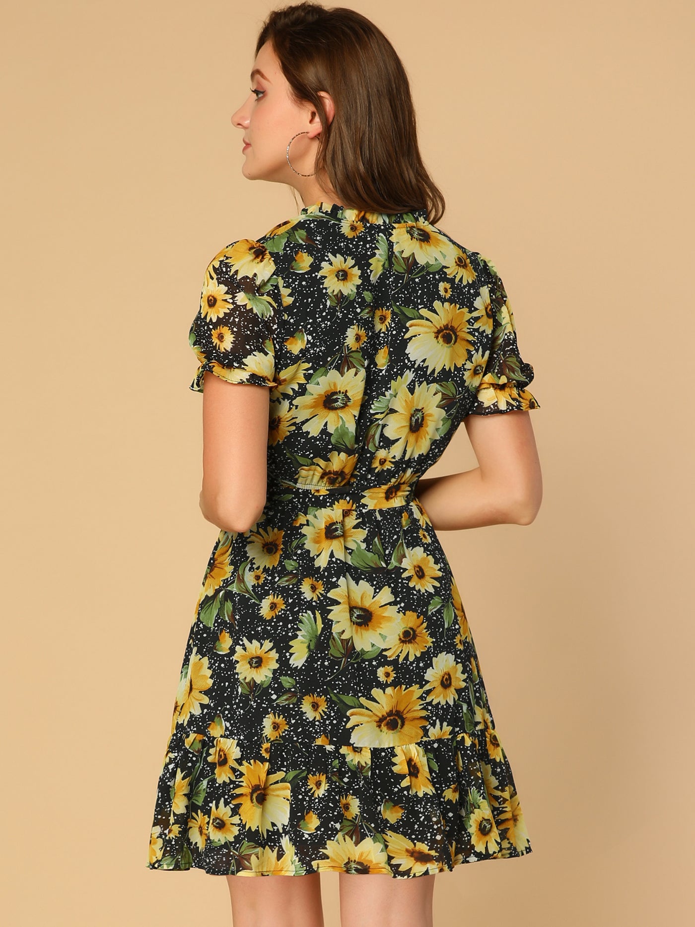Allegra K Summer Sunflower Floral Ruffle Short Sleeve Keyhole Belted Dress