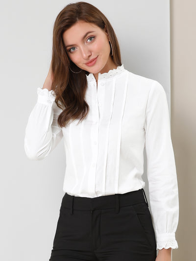 Mock Neck Blouse Ruffle Work Office Pleated Button Up Shirt