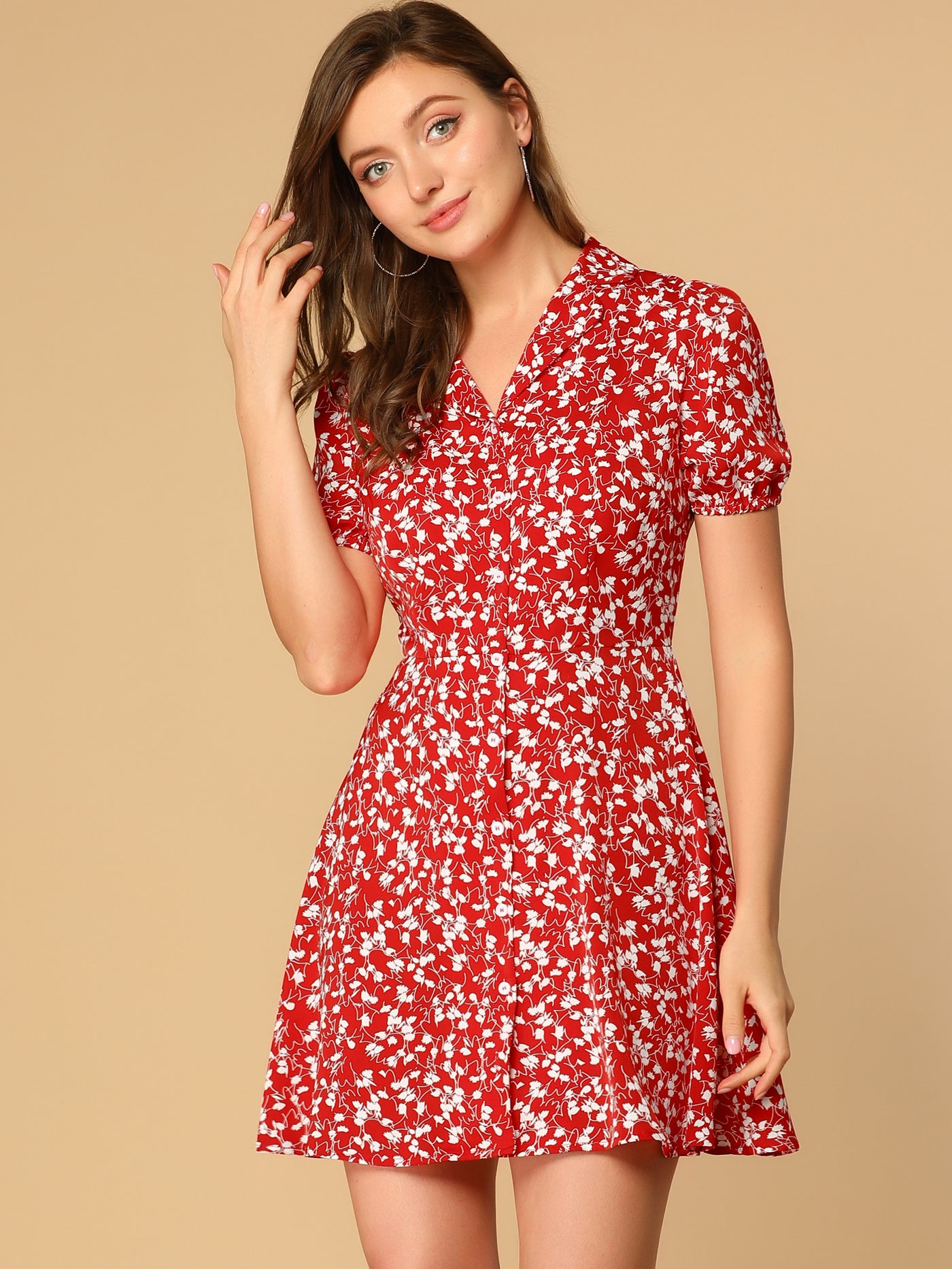 Allegra K Button Up Short Sleeve A-Line Chiffon Vintage Floral Shirt Dress