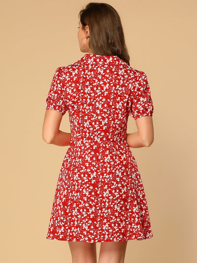 Button Up Short Sleeve A-Line Chiffon Vintage Floral Shirt Dress