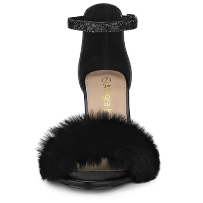 Glitter Faux Fur Ankle Strap Stiletto Heel Sandals
