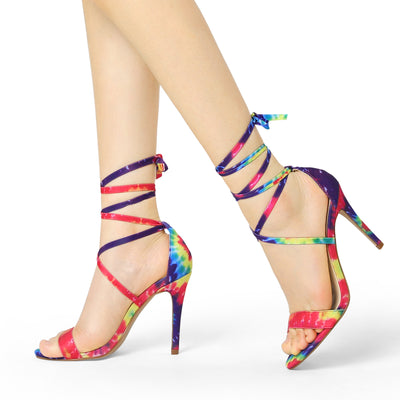 Elegant Open Toe Tie Dye Lace Up Stiletto Heel Sandals