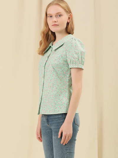 Puff Sleeve Shirt Point Collar Top Button Down Floral Blouse