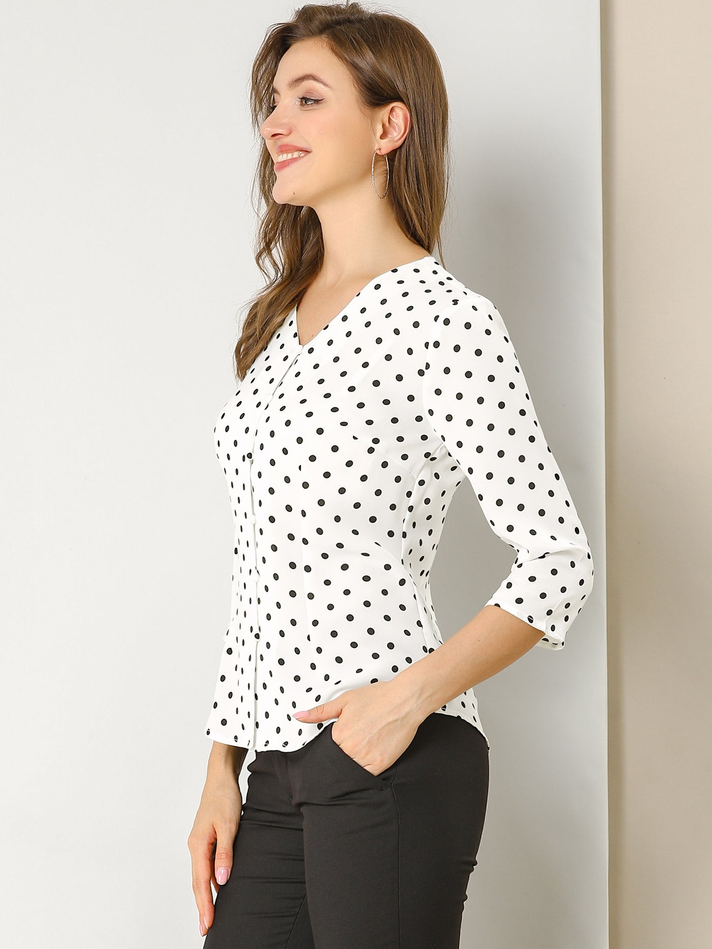 Allegra K Polka Dots 3/4 Sleeve Button Front Vintage Office Blouse Top