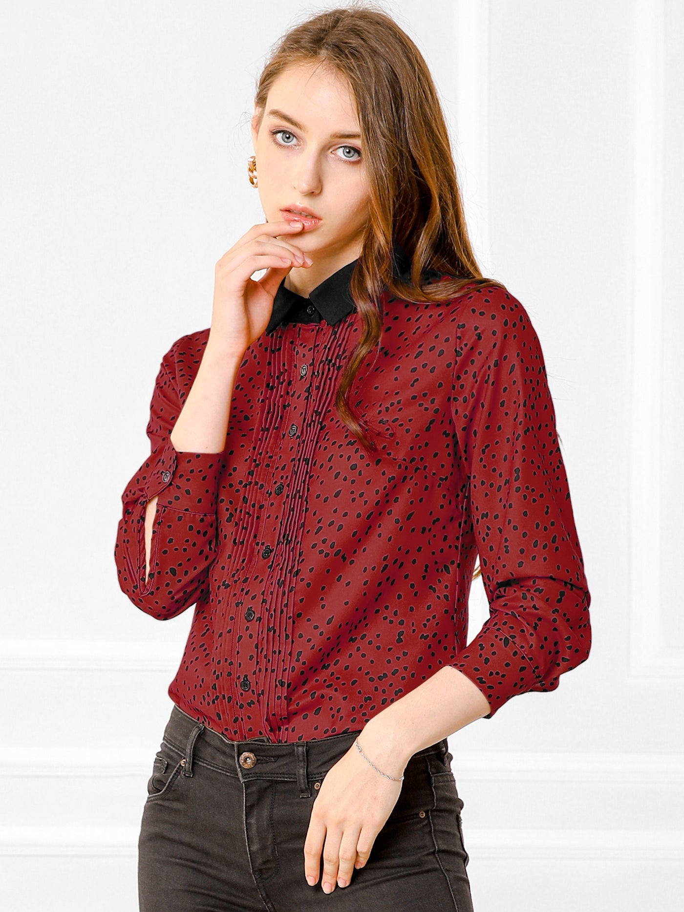 Allegra K Contrast Collar Dot Printed Long Sleeve Pleated Front Button Shirt