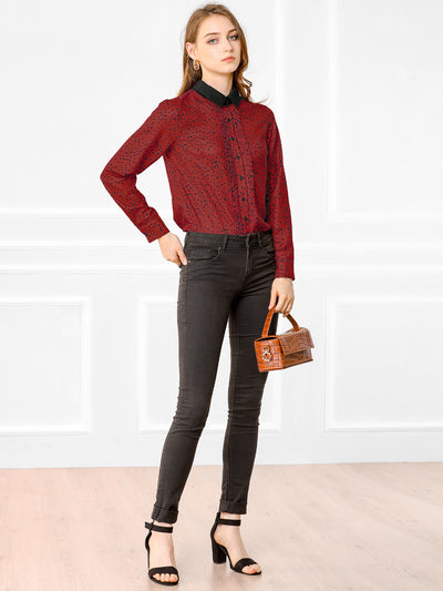 Contrast Collar Dot Printed Long Sleeve Pleated Front Button Shirt