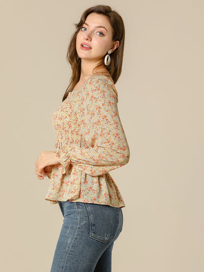 Smocked Floral Printed Square Neck Chiffon Peplum Blouse Top