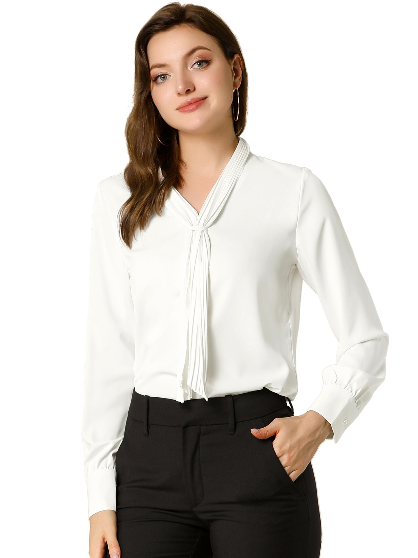 Allegra K Long Sleeve Blouse Chiffon Pleated Tie Neck Office Top Shirt
