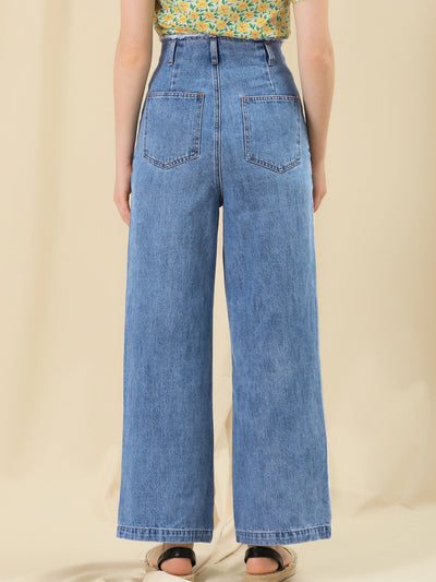 High Waist Cotton Trim Long Wide Leg Jeans Denim Pants