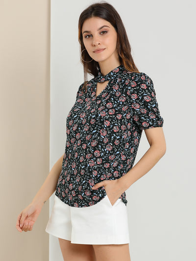 Floral Print Stand Collar Keyhole Short Sleeve Blouse