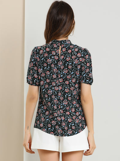 Floral Print Stand Collar Keyhole Short Sleeve Blouse