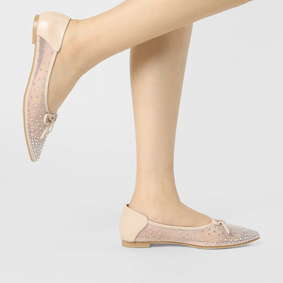 Women's Pointed Toe Bow Rhinestone Mesh Ballerina Flats