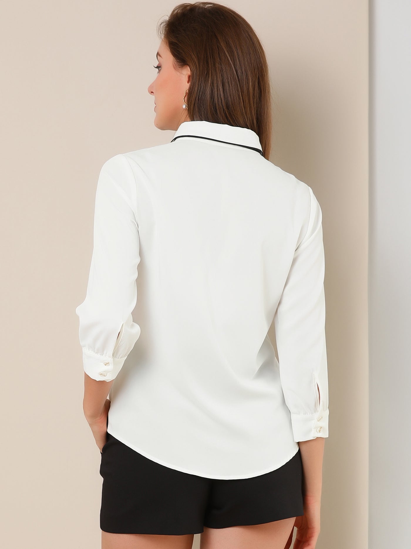 Allegra K Elegant Contrast Collar 3/4 Sleeve Button Up Tie Neck Shirt