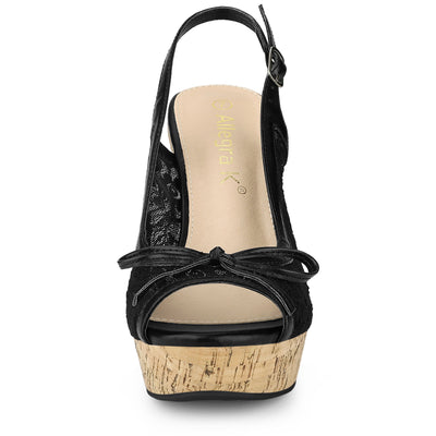 Lace Open Toe Platform Wedge Heel Bow Decor Sandals