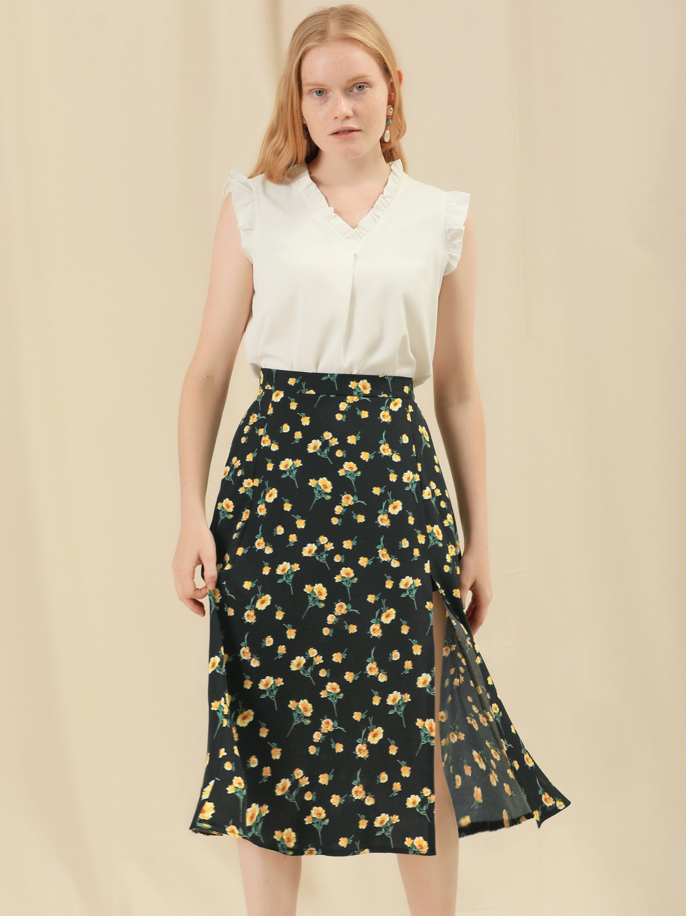Allegra K Floral Chiffon Retro Spring Summer Peasant Midi Skirt