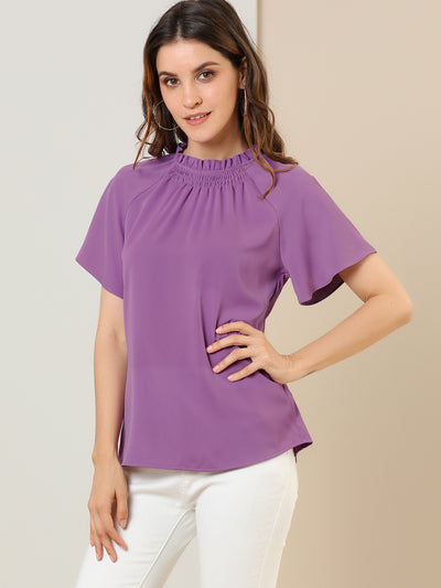 Short Sleeve Blouse Casual Business Pleated Mock Neck Tops