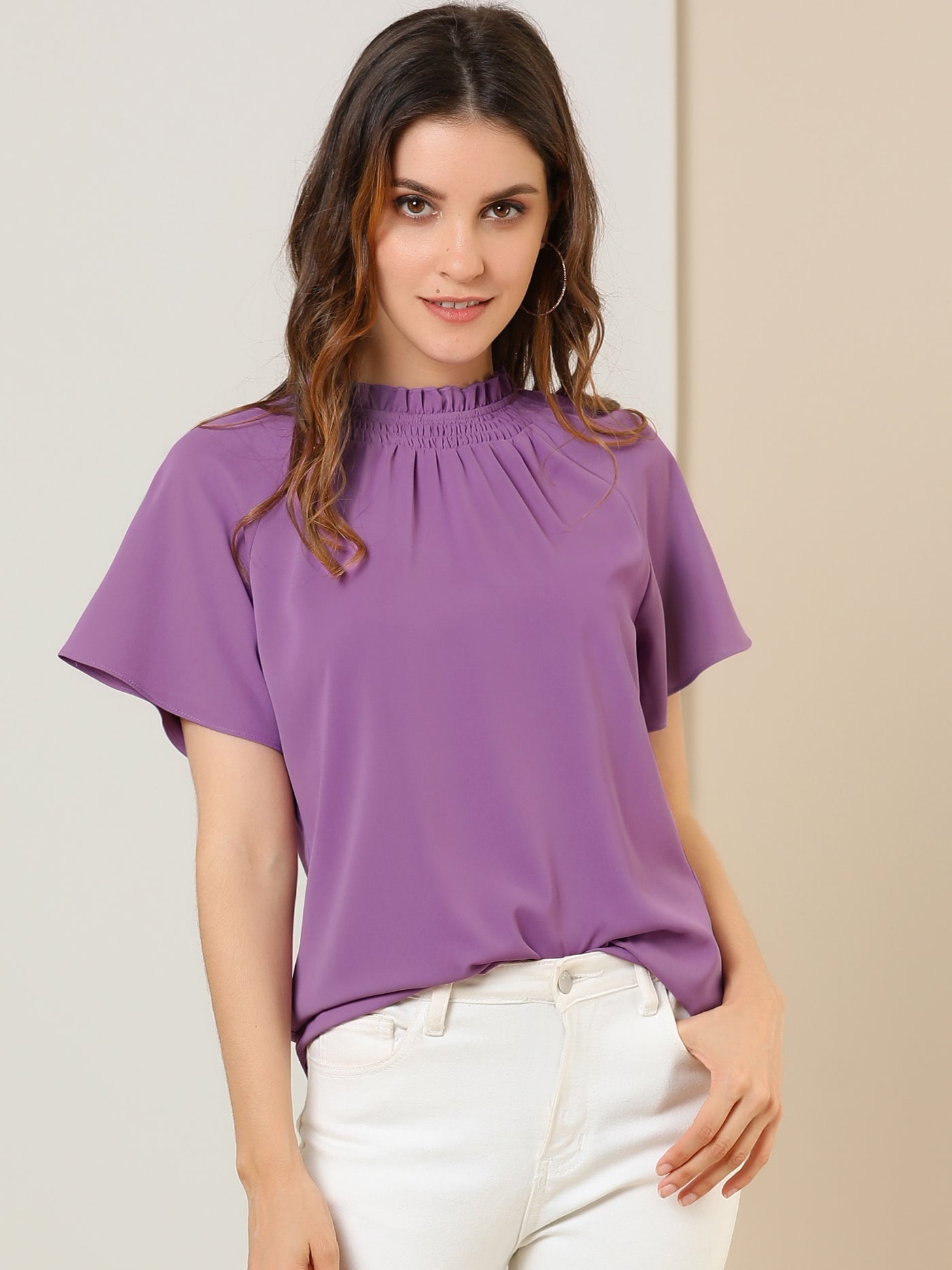 Allegra K Short Sleeve Blouse Casual Business Pleated Mock Neck Tops