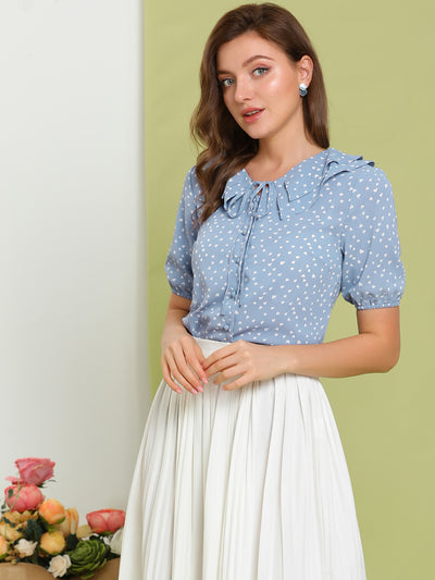 Puff Sleeve Tie Neck Doll Collar Button Front Heart Print Blouse