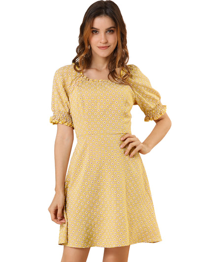 Daisy Smocked Gingham Plaid Puff Sleeve Peasant Ruffled Dress