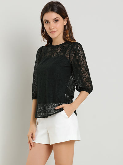 Sheer Puff Sleeve Retro Embroidery Tops Lace Blouse