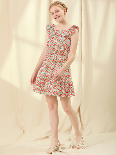 Scoop Neck Fruit Print Ruffle Cotton Summer Sleeveless Dress