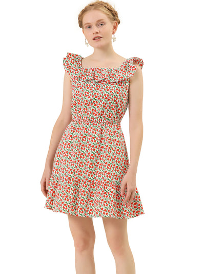 Scoop Neck Fruit Print Ruffle Cotton Summer Sleeveless Dress