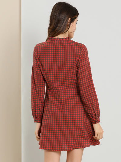 Vintage Check Ruffle Neck Button Down Long Sleeve A-Line Dress