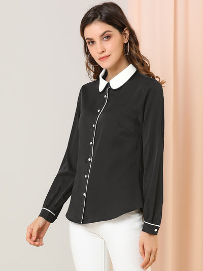 Button Down Long Sleeve Contrast Peter Pan Collar Office Blouse