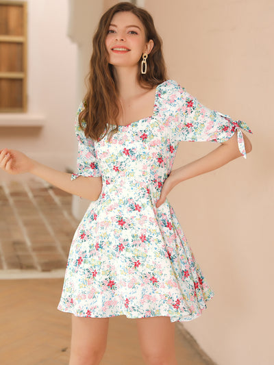 Allegra K Floral Printed Sweetheart Neck Puff Sleeve A-Line Mini Dress