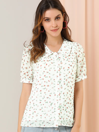Allegra K Floral Swiss Dot Textured Semi Sheer Short Sleeve Collar Shirt