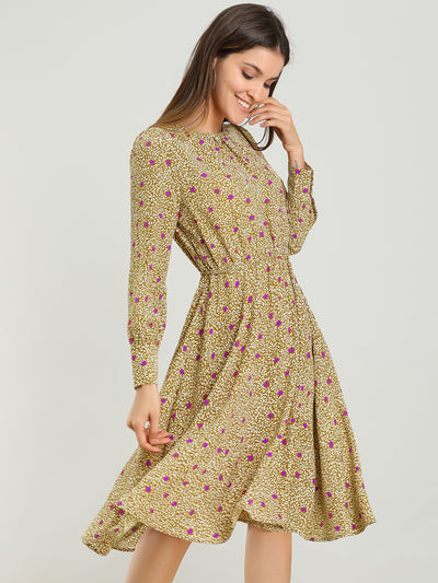 Puff Long Sleeve Fit and Flare Round Neck Floral Dress