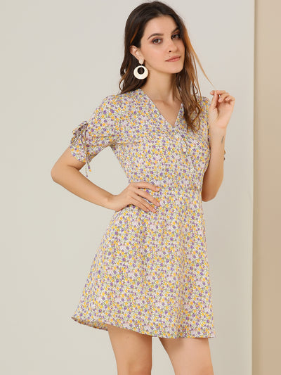 Floral Puff Sleeve Ruched Cuffs V Neck Dress