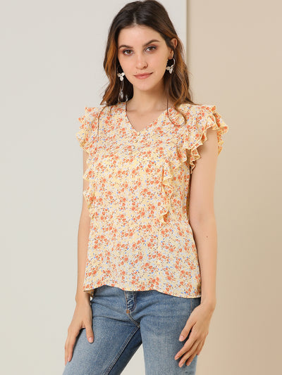 Floral Ruffle Blouse Cap Sleeve V Neck Summer Shirt Blouse