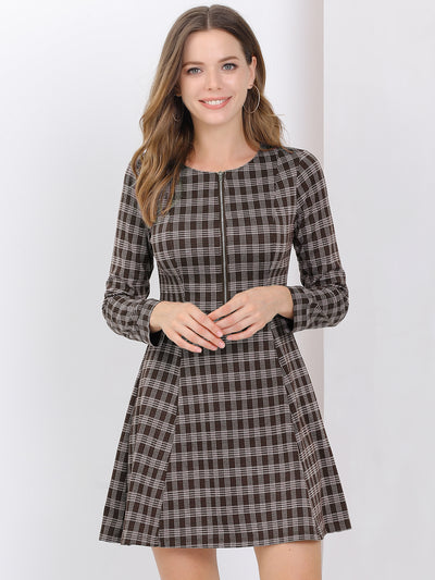 Christmas Plaid Long Sleeve Office Zip Up Fit and Flare Mini Dress