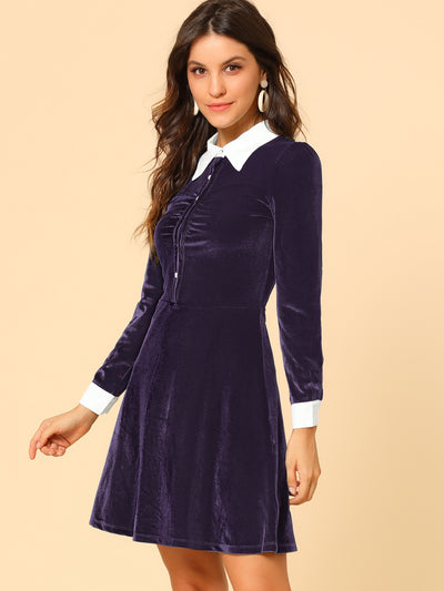 Contrast Collar A-Line Party Long Sleeve Vintage Velvet Dress