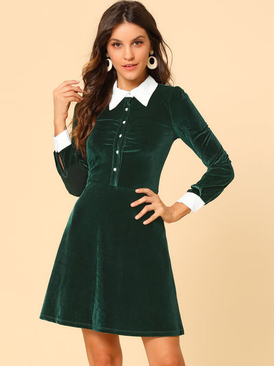 Contrast Collar A-Line Party Long Sleeve Vintage Velvet Dress