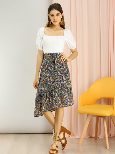Allegra K Floral Printed Asymmetrical Ruffled Hem Self-Tie Skirt